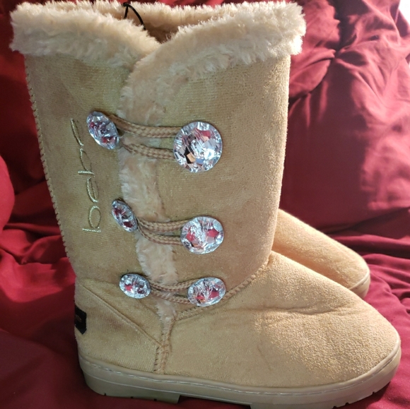 Bebe Girls Size 4 Light Brown Tan Boots Fur Lined  Faux Crystal Buttons NWT - Picture 1 of 9